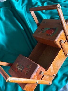 Hand Crafted Wooden Sewing Box with Painted Folk Figures - Brown